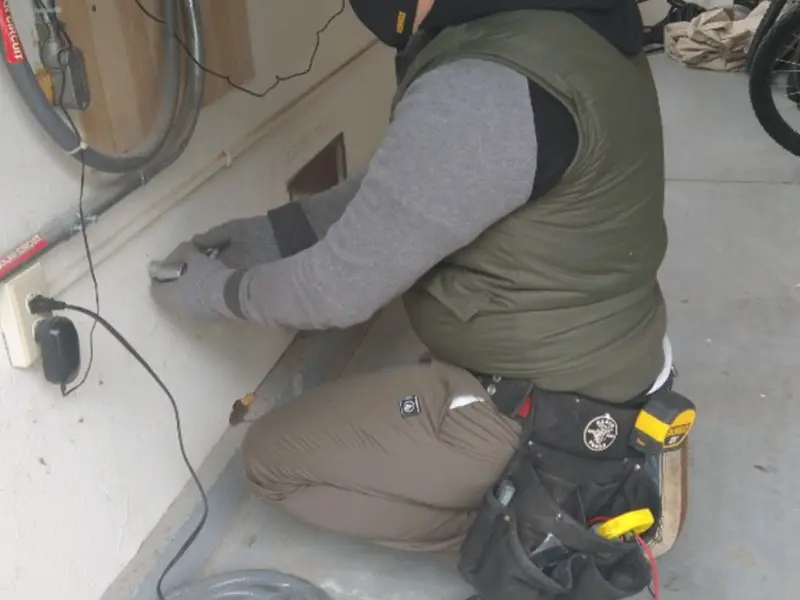 Electrician performing outlet wiring in a Newton Falls garage